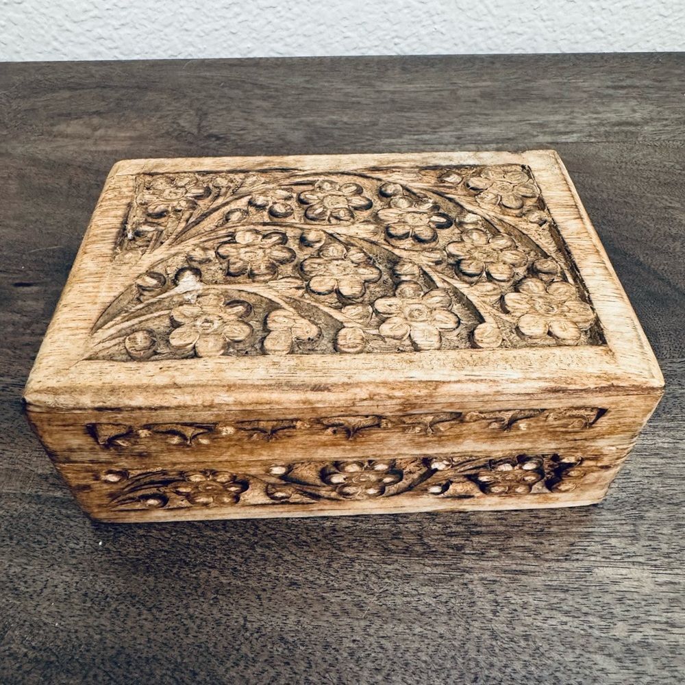 Carved Wooden Floral Trinket Jewelry Box